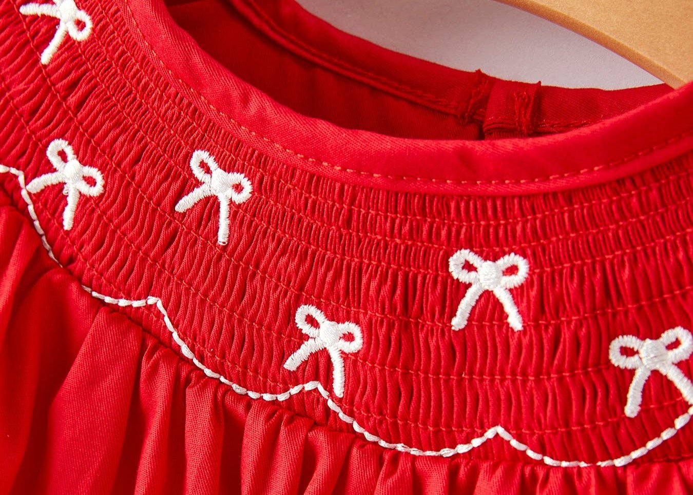 Girls Bow Smocking Embroidered Red Dress