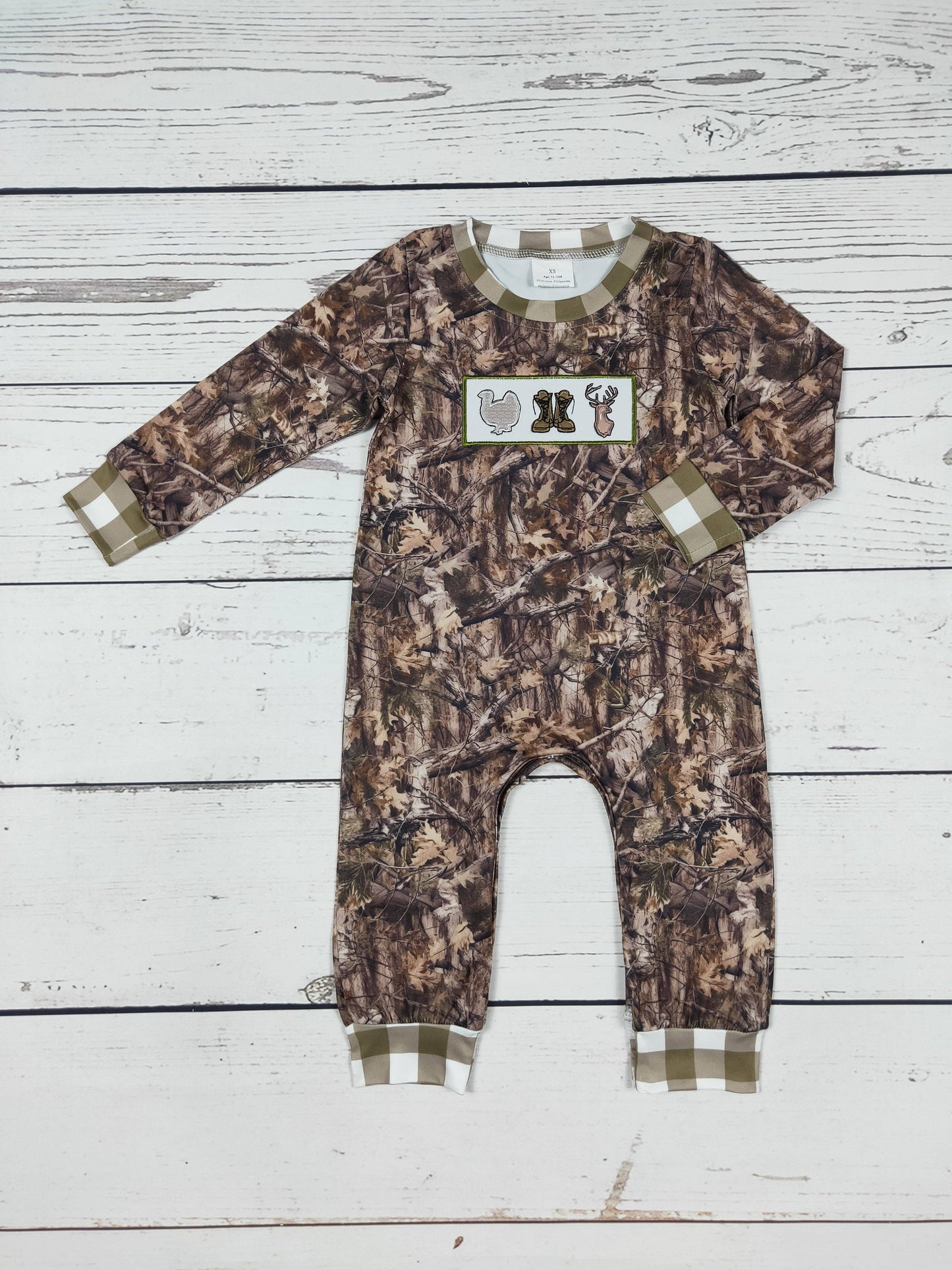 Camouflage Checkered Appliqué Boy Romper: 6-12M